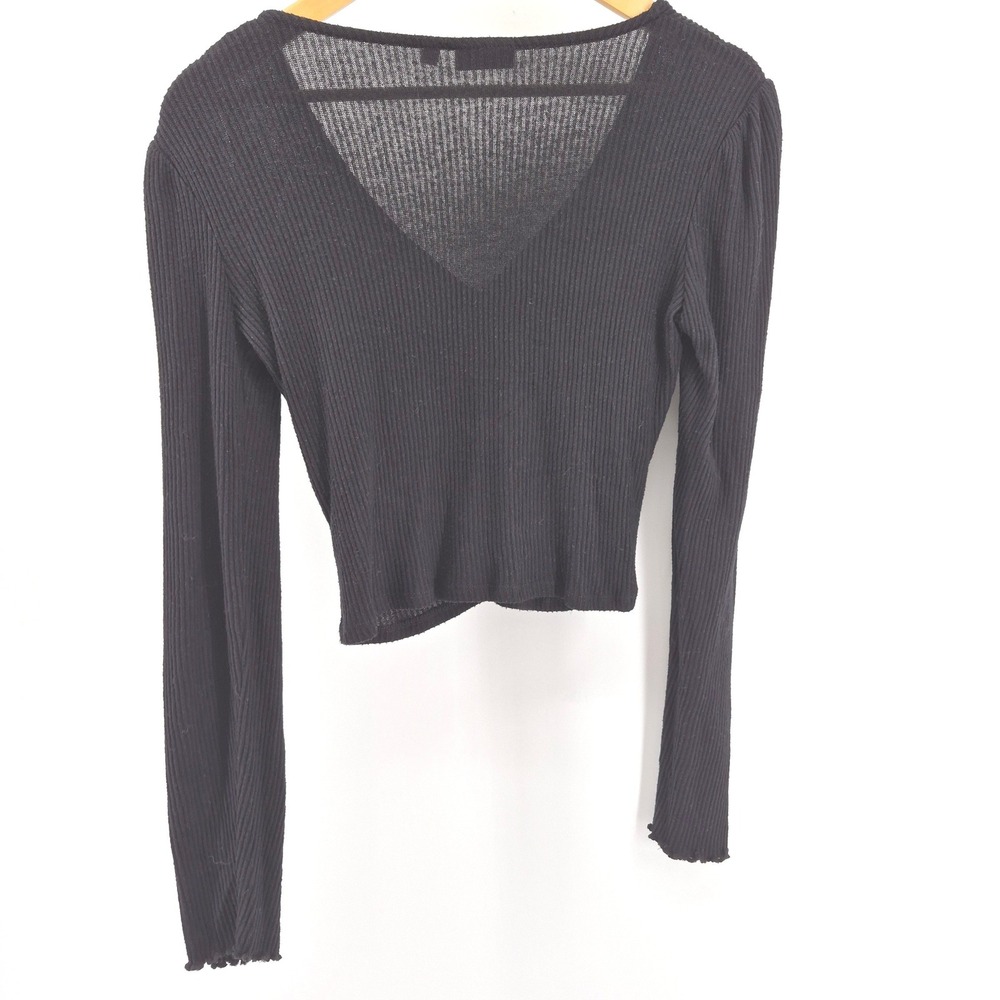SO Black Ribbed Cinched Front Top S Long Sleeve V-Neck Cropped Lettuce Edge Y2K - Picture 9 of 11